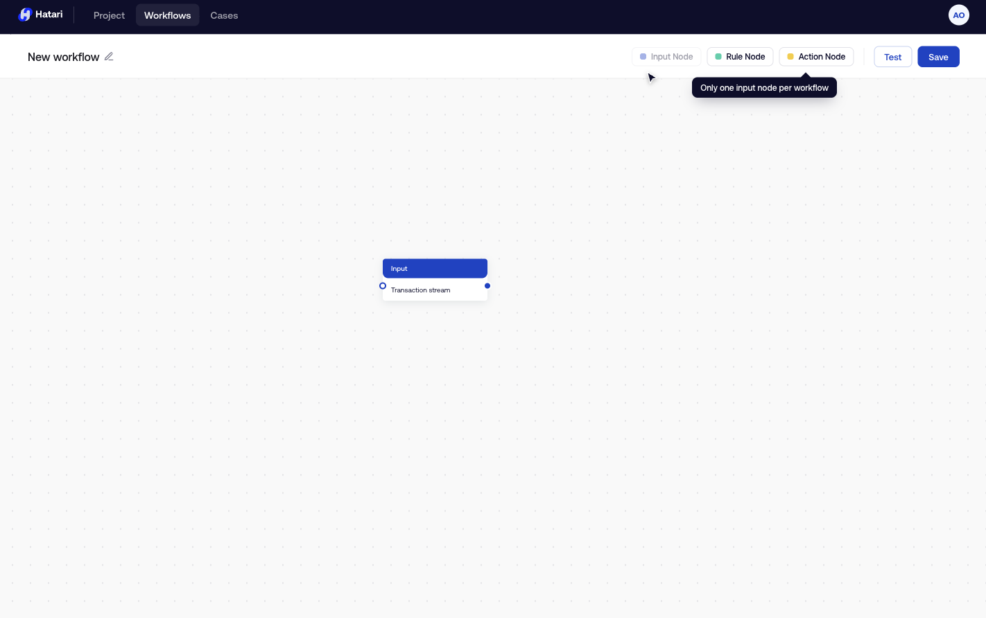 'Only one input node per workflow' tooltip disabling the Input Node button